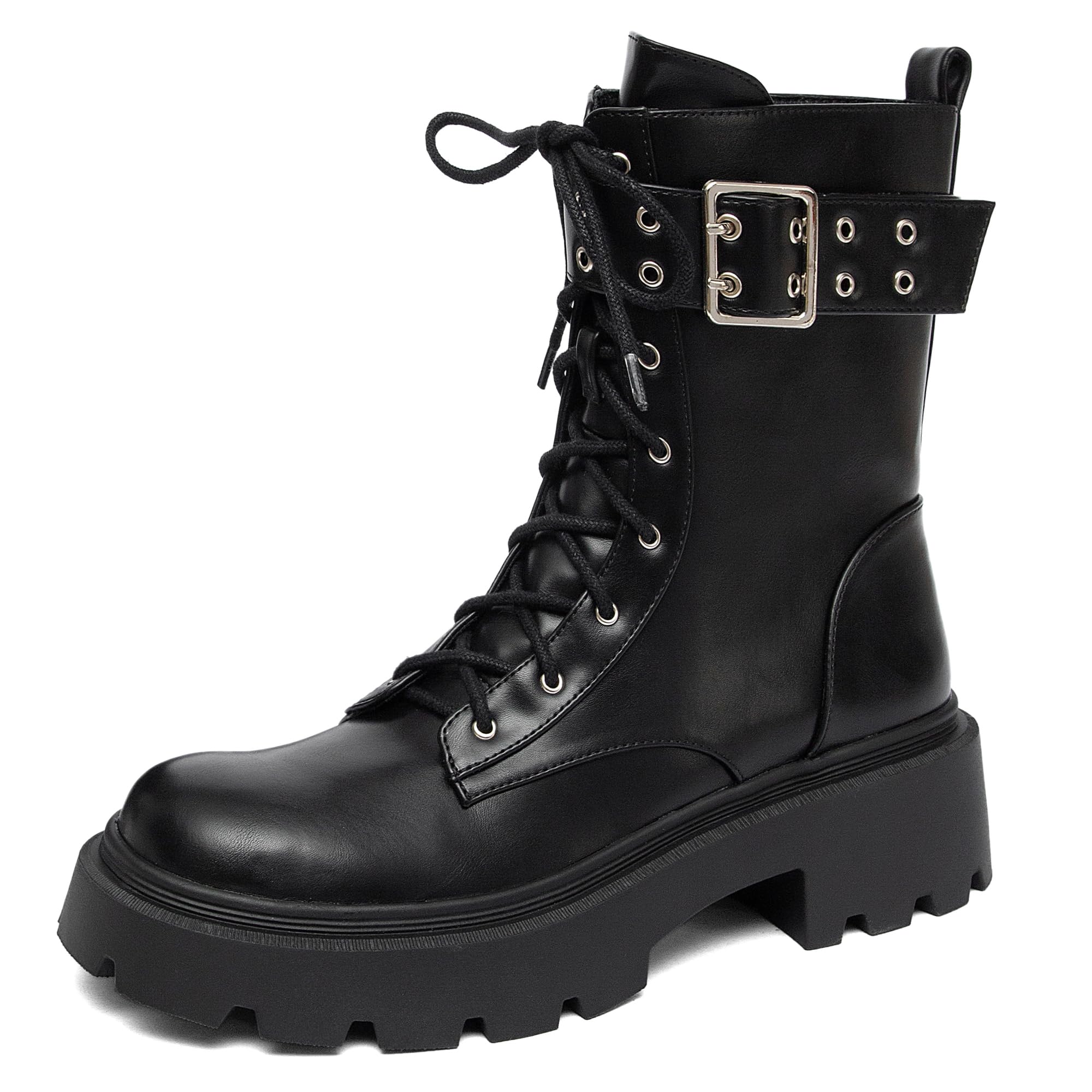 NEWBELLA Combat Boots For Women Lace Up Platform Ankle Booties