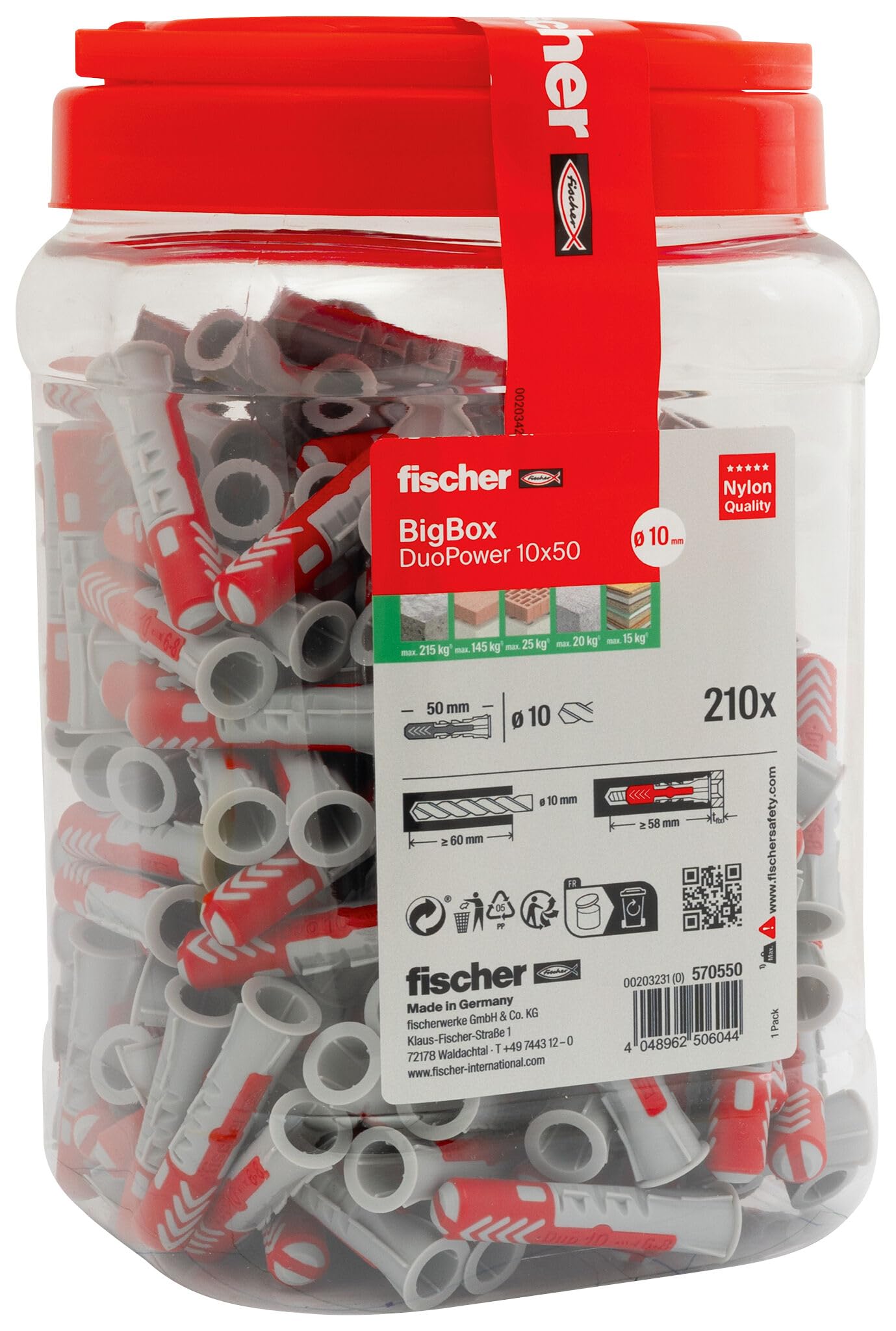 fischer DuoPower 10 x 50 in der BigBox, 210 Universaldübel, leistungsstarker 2-Komponenten-Dübel, Kunststoffdübel zur Befestigung in Beton, Ziegeln, Stein, Gipsbauplatten uvm., ohne Schrauben