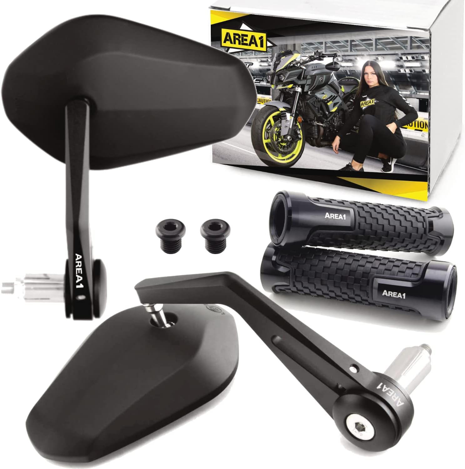 Area1 Styling Set Motorcycle Handlebar End Mirror Set E-Approved + Thread Cover + Handlebar Grips Compatible with Mondial LS1S3