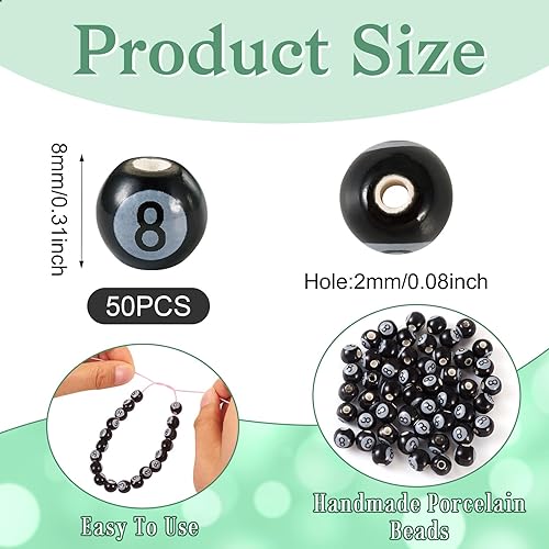 Miniatura 5 de FASHEWELRY 50 cuentas de billar de porcelana con el número 8, cuentas redondas de 0.315 in, cuentas de bolas de cerámica para pulseras y fabricación