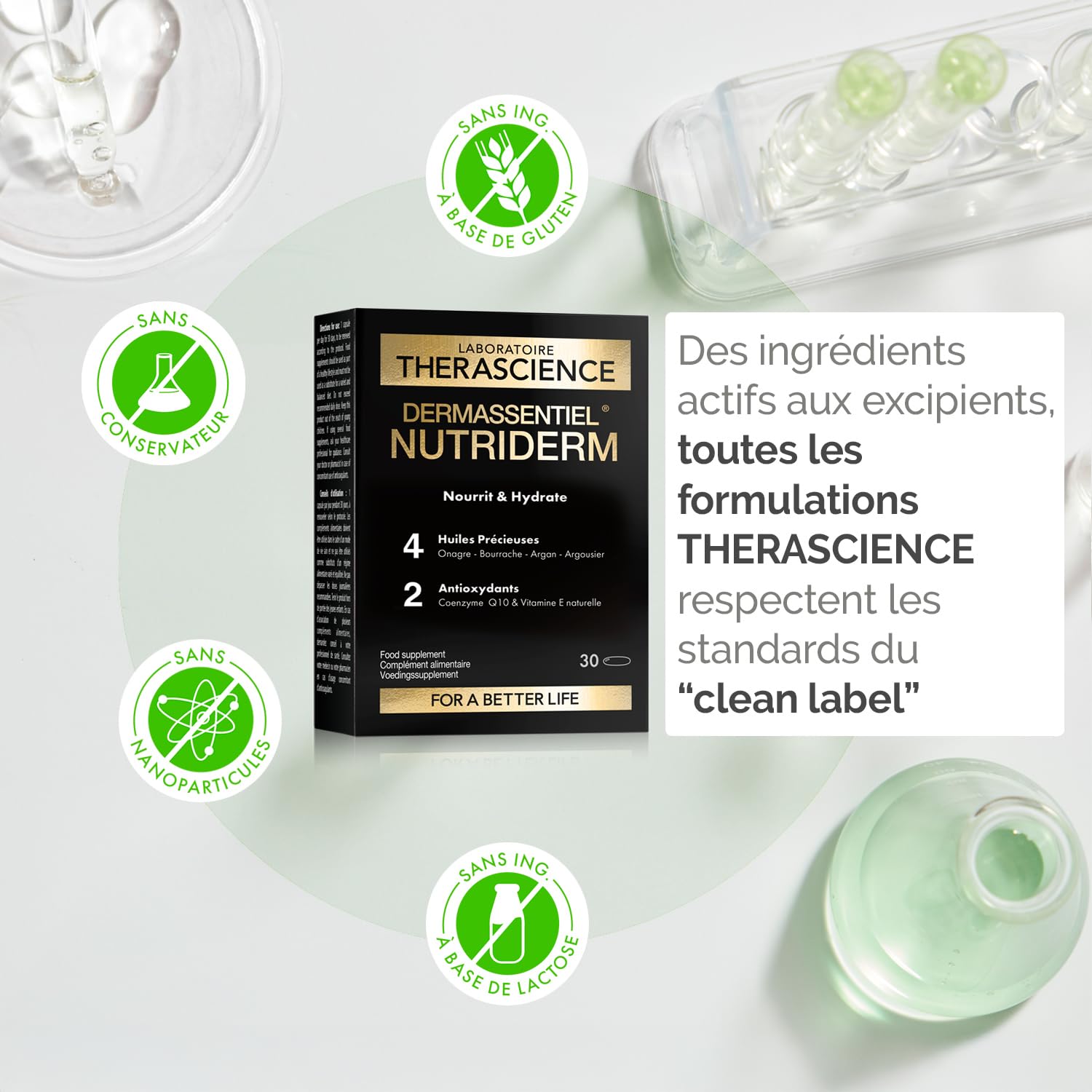 DERMASSENTIEL NUTRIDERM Lot de 3 | Nourrit & Hydrate | Argan Onagre Bourrache Argousier | Hautement concentré en Omegas 3,6,7,9 | Coenzyme Q10 + Vitamine E antioxydants | 90 Capsules | THERASCIENCE