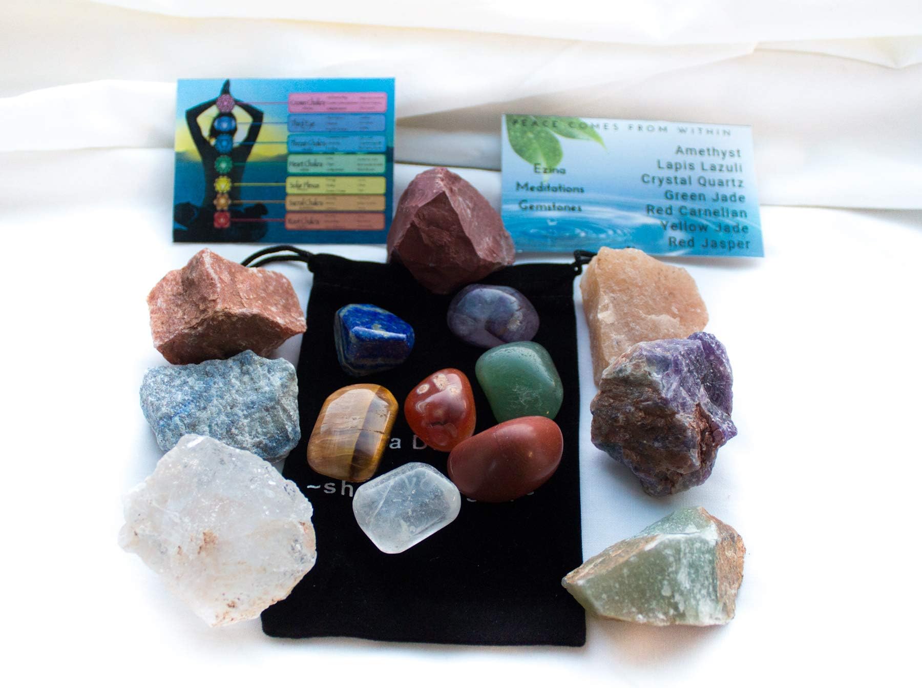 Ezina Designs Seven Chakra Crystals with 7 Polished Gemstones 14 Piece Set for Meditation and Protection Rocks of Power from Meditation Collection