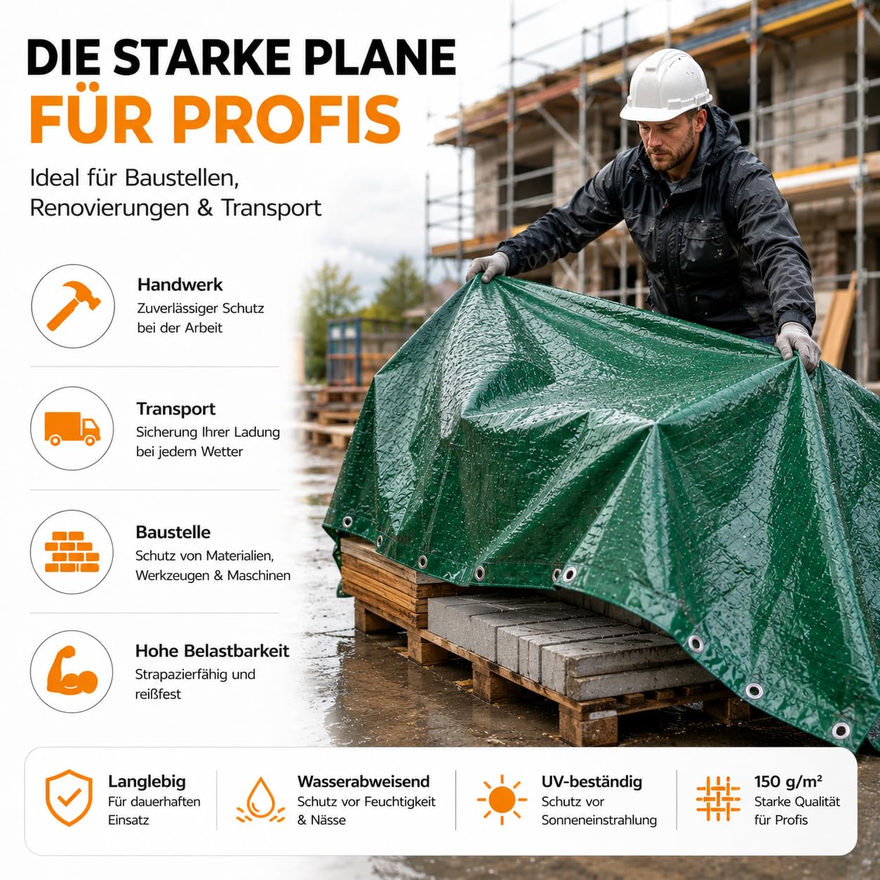 Plandeka okryciowa 3 x 4, 200 g/m², zielona – plandeka z oczkami, wodoszczelna, plandeka ogrodowa i plandeka ochronna, plandeka uniwersalna – zielona, plandeka budowlana pod namiot – z tkaniny – na