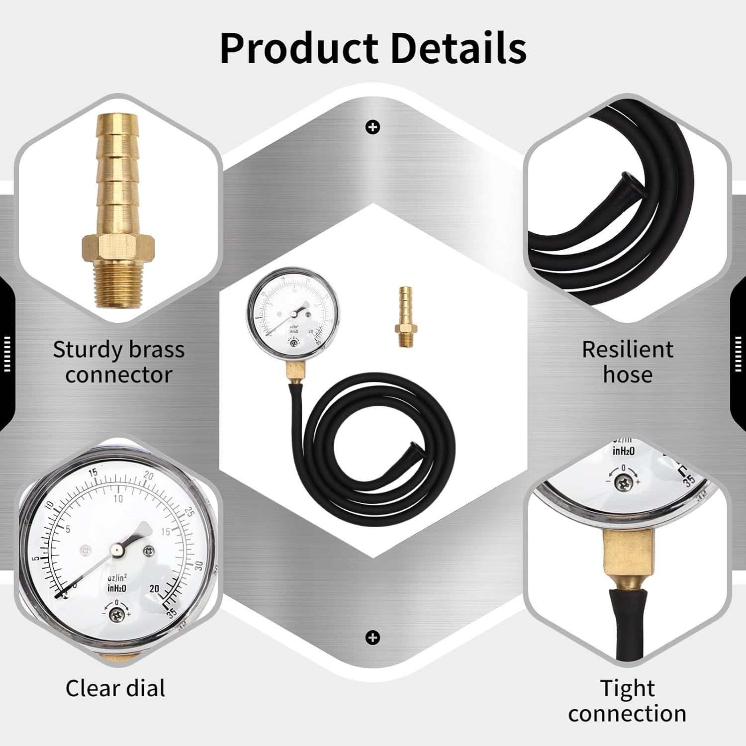 Homaisson Pressure Gauge Kit for Natural Gas or LP Gas, Manifold Gas Pressure Test Kit, Measurement Range 0-35” WC, Hose Length 3.3 Feet, 1/8” NPT Brass Connector