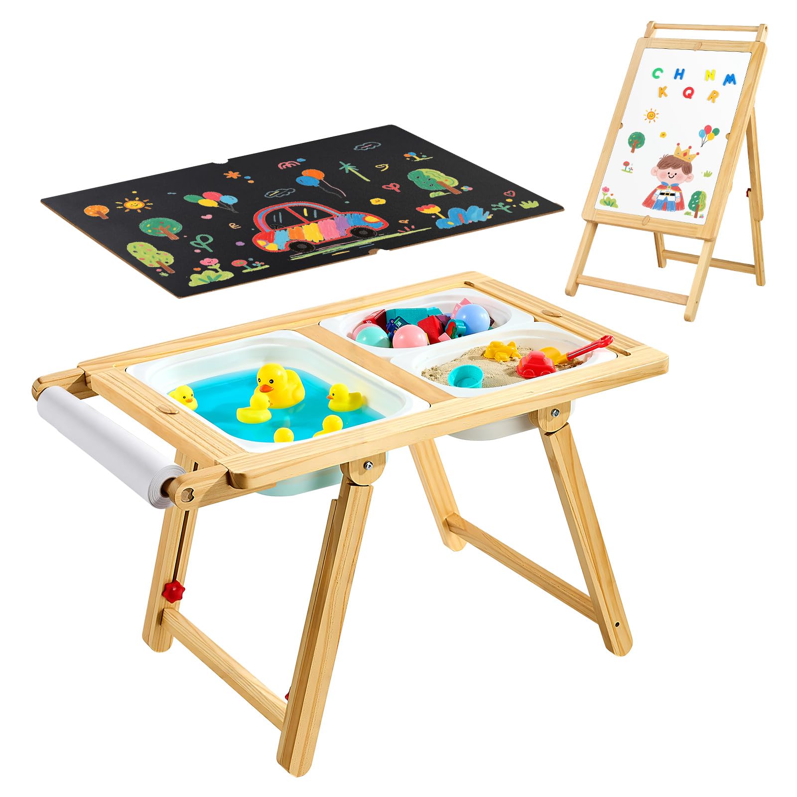 VEVOR Table Sensorielle pour Tout-Petits, Table d'Activité en Bois pour Enfants, Chevalet d'art avec Tableau Double Face, Bacs de Rangement, pour Jeux de Sable et d'eau, Dessin, Apprentissage, Repas