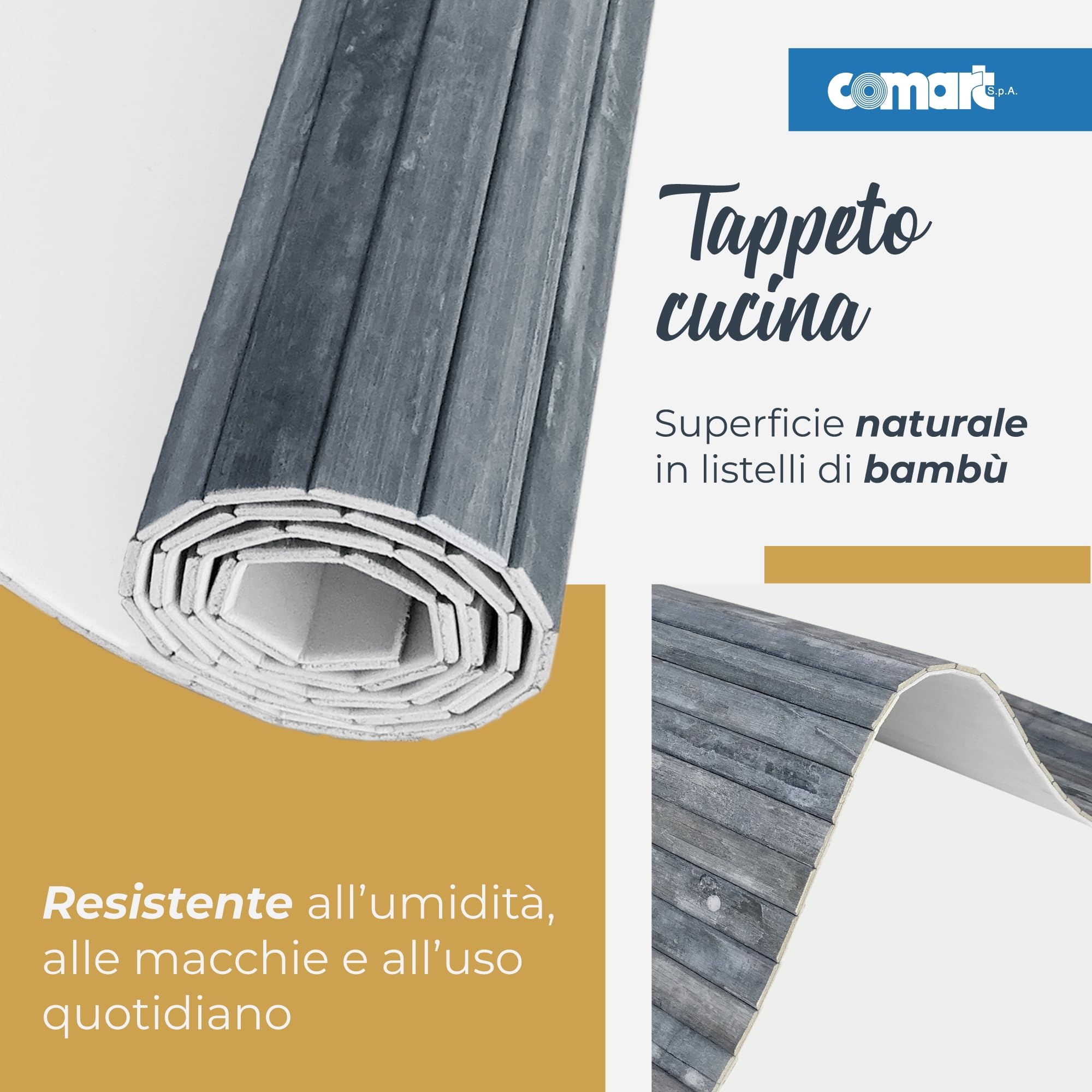 Comart - Tappeto Cucina Bamboo - 50x180 cm - Fondo Antiscivolo - Lavabile - Bambù Naturale Trattato - Resistente agli Schizzi - Passatoia Multiuso - Effetto Legno Opaco - Sbiancato - Washed Grigio