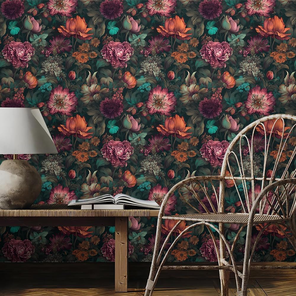 REDAMANCY Exotic Vintage Flower Forest Purple/Pink/Red Peony Floral Peel and Stick Wallpaper Stick on Contact Paper Vintage Wall Paper Easy Peel Off for nightstand Drawer Cabinet