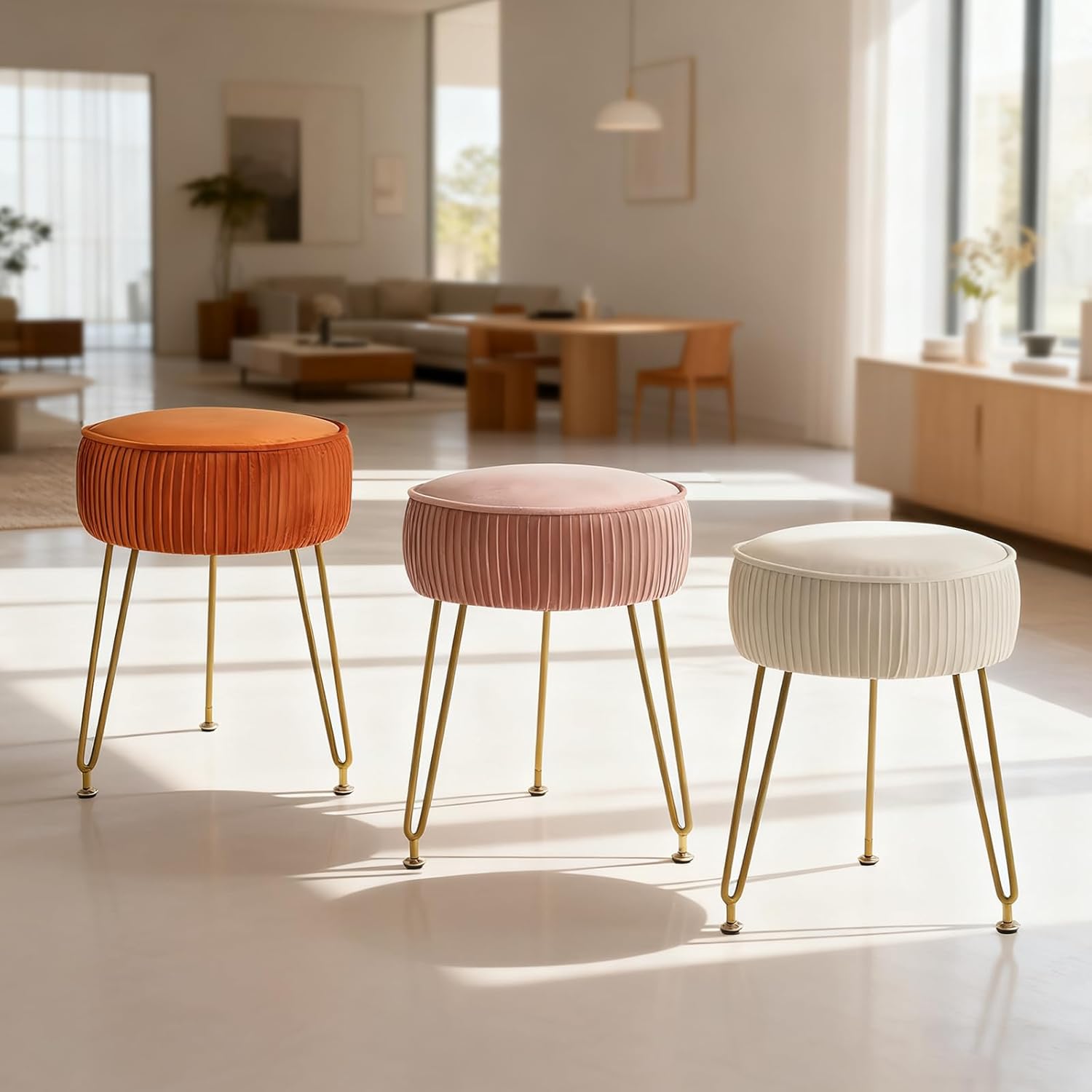 Tmore Vanity Chair,Velvet Ottoman Stool with Round Seat,Plush Cushioned Vanity Chair,Sturdy Gold Metal Legs for Bedroom and Dressing Table,Orange
