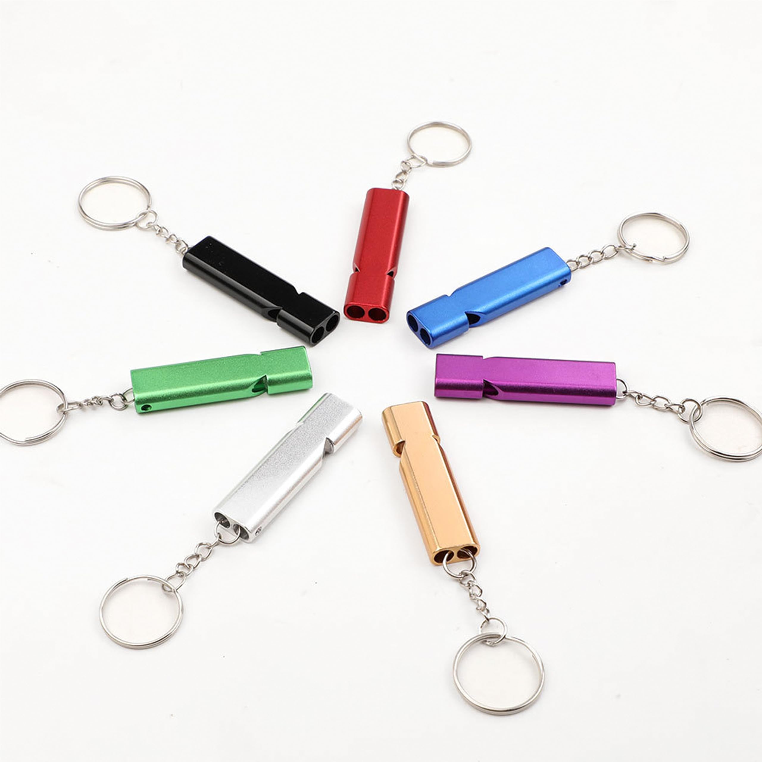 HYWLZSA 7 pack Outdoor survival aluminum alloy double-hole high-pitched and strong-sounding whistle, a partner for survival in desperate situations.?Gold, silver, black, green, blue, red, purple?
