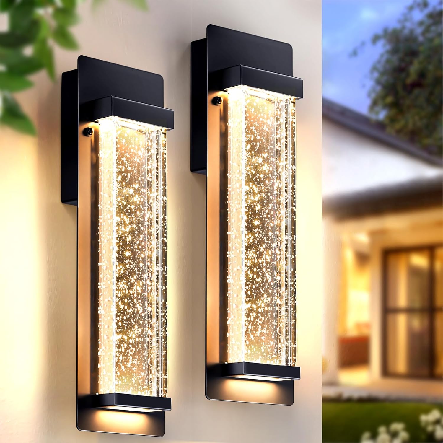 Bubble Glass Outdoor Wall Light Fixtures 2-Pack, Anti-Rust Outdoor LED Porch Lights Wall Mount 3000K Warm, 14" Medium Modern Outside Sconce Lights for House, 12W Black Garage Exterior Lighting