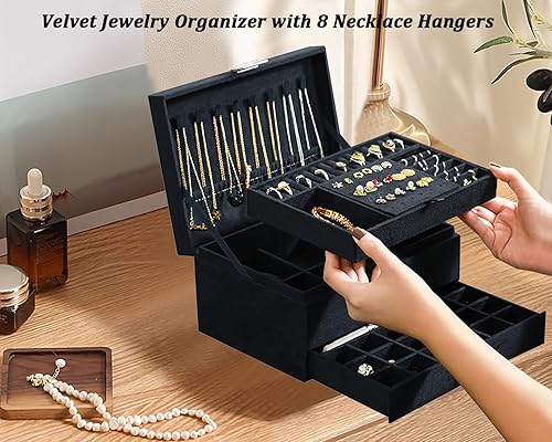 Miniatura 5 de Joyeros para mujer, organizador de joyas de terciopelo negro con cerradura, organizadores de joyas para adolescentes, organizador de joyas para