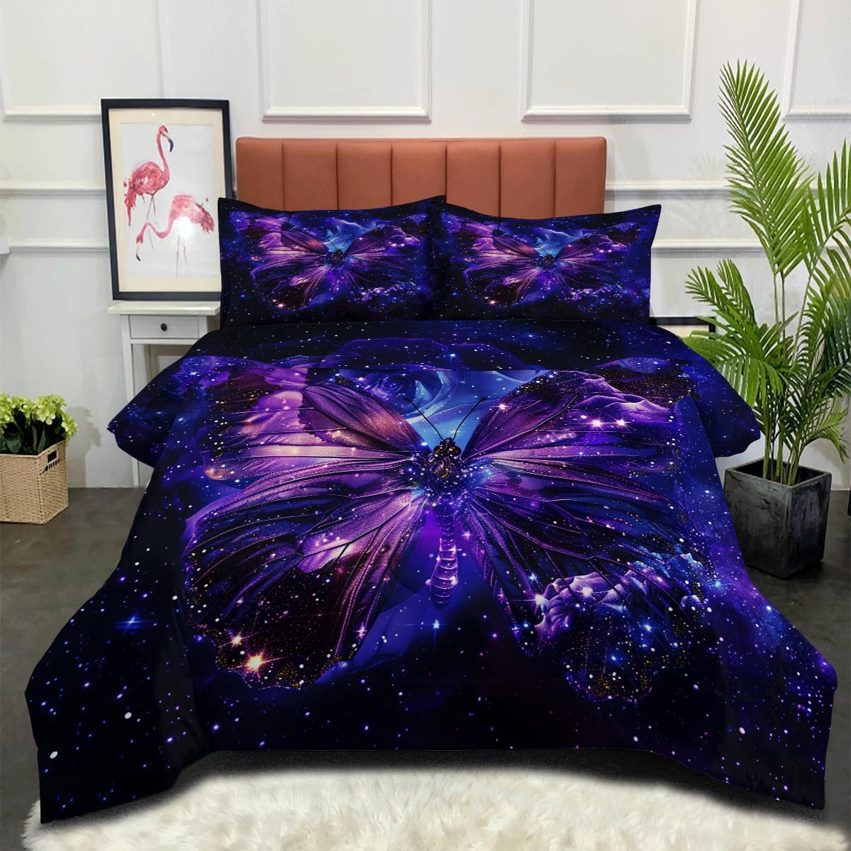 Comforter Set Twin Size Lightweight Kids Teens Adults Purple and Blue Soft Bedding Set 3 Pieces Butterfly Starry Sky Cosmic Microfiber Quilt Set