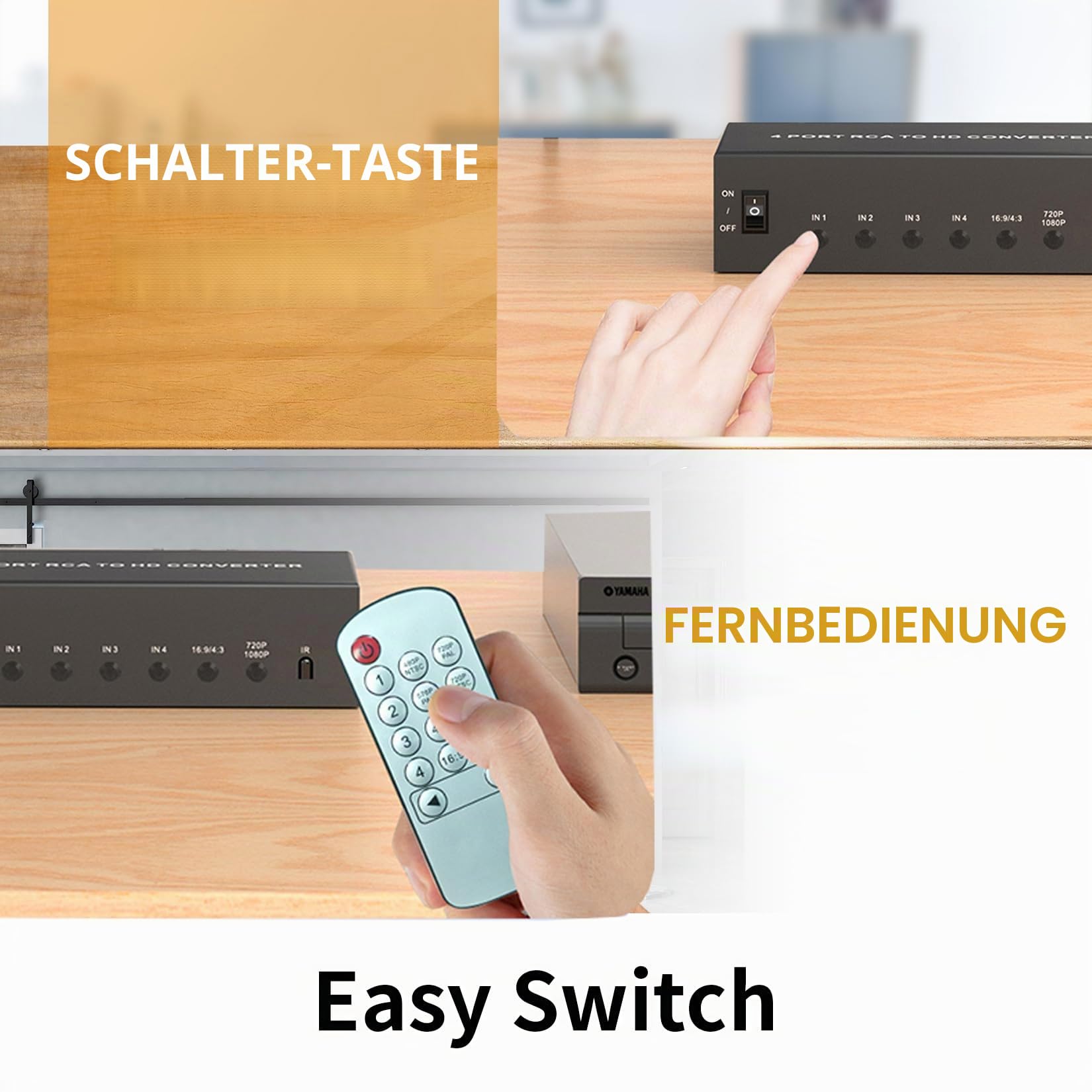 RCA zu HDMI Konverter 4 AV (Rot Gelb Weiß) in auf HDMI Out Adapter, Composite Audio Video RCA Adapter auf HDMI 1080P/720P, mit Fernbedienung und Strom, für Wii/TV/PC/PS3/STB/Xbox VHS/VCR/N64/SNES/DVD