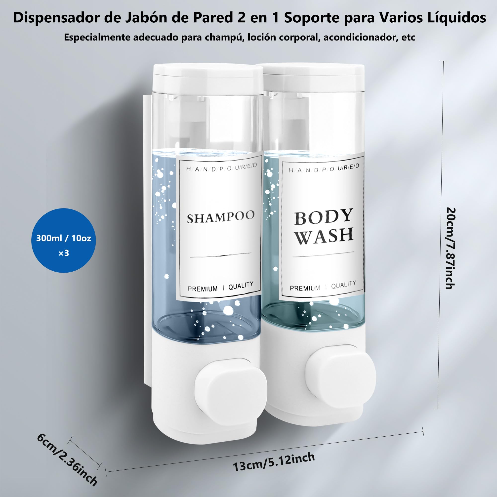 Dispensador Jabón Baño para Montaje en Pared, Dispensador de Jabón Líquido, Dispensador Gel y Champu Ducha para Hotel, Hogar,2x300ml(Blanco)
