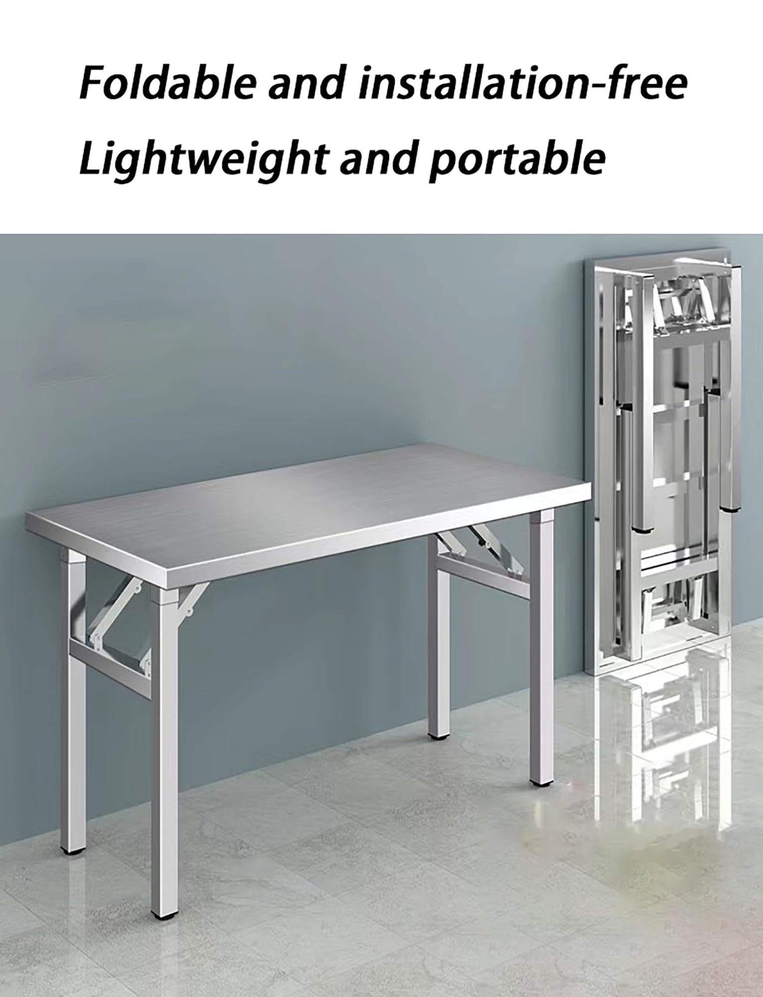Mesa plegable de acero inoxidable, portátil y resistente para picnic, fiesta y comedor, sin montaje