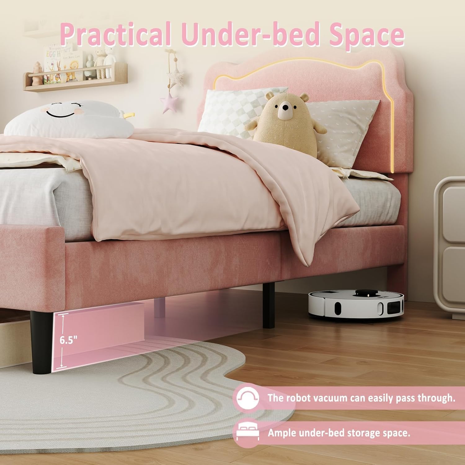 Image showing the under-bed clearance of 6.5 inches, suitable for robot vacuums and storage.