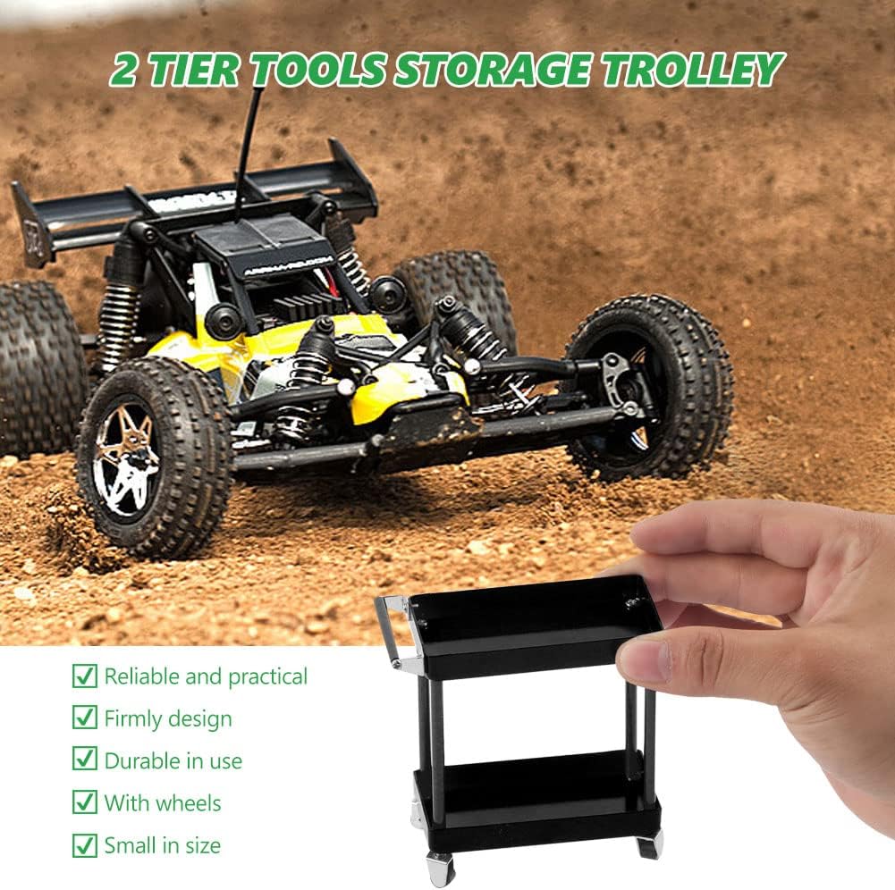 VGEBY Tools Trolley Kit, 2 Tier Tools Storage Trolley Mobile Workshop Garage Repair RC Accessories for 1/8 1/10 1/12 1/16 Scale Model Large Size(Black)