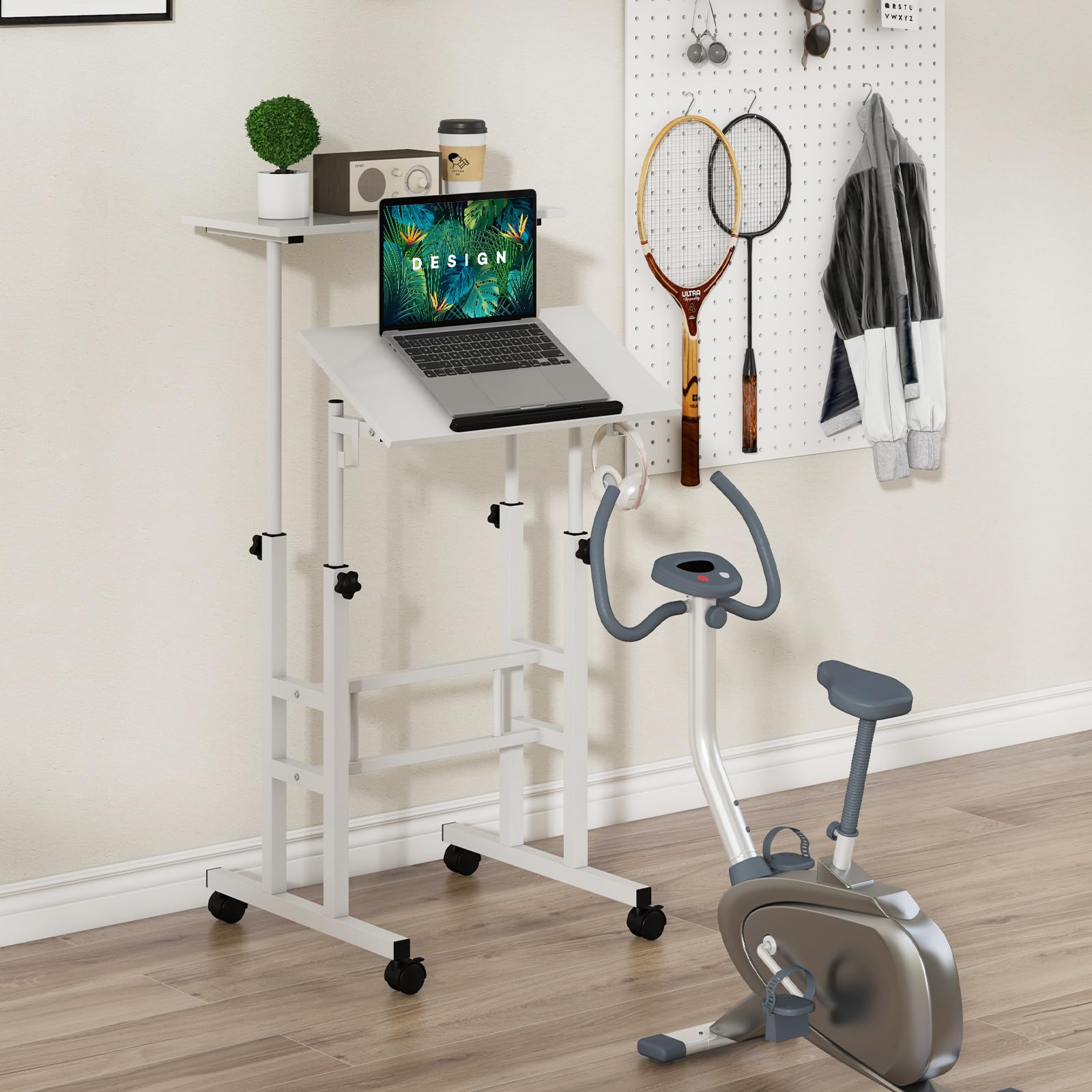 COSTWAY Stehpult Höhenverstellbar, mobiler Computertisch mit Rollen, neigbarer Tischplatte & 2 Haken, Schreibtisch, Steh-Sitz-Tisch, Laptoptisch für Zuhause, Büro (Weiß)