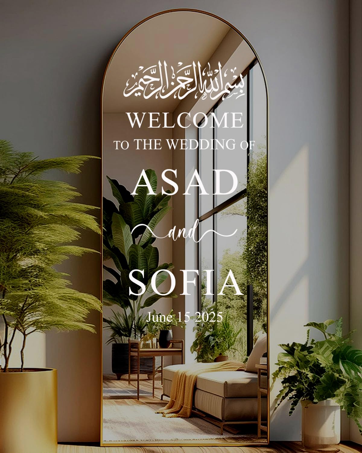 Personalised Islamic Wedding Welcome Sign | Mirror Sign Decal | Welcome to The Wedding Sign | Reception Entrance Sticker BW (H60xW30-35cm)