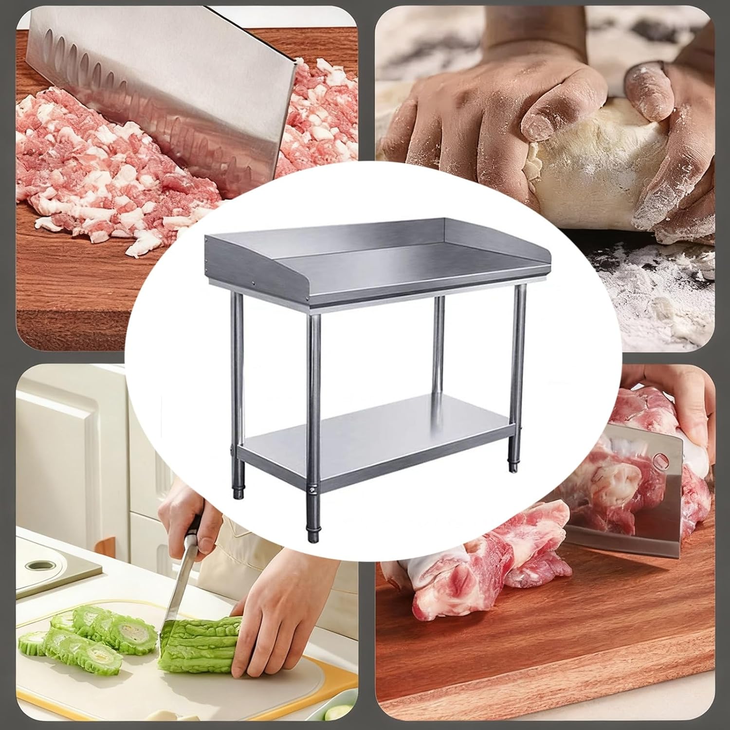 Three-Sided Enclosed Workbench Double-Layer Stainless Steel Workstation Worktable Kitchen Cutting Table with Cutting Board and Prep Counter Open Storage Adjustable Feet(60x40x80cm/23.6x15.7x31.5”)