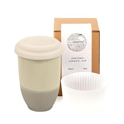 NOVA CERAMICS Travel Mug Coffee Travel Mug Reusable Coffee Cup Unique to Go Mug Microwave & Dishwasher Safe Coffee White Tumbler - Gifts for Women Men Him Her 12oz Sea Mist