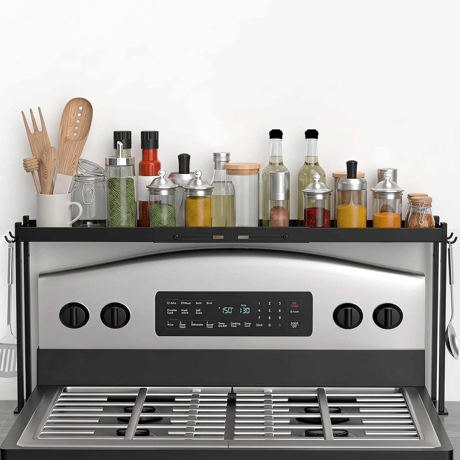 OTraki Expandable Stove Shelf with 4 Hooks Metal Spice Rack for Kitchen