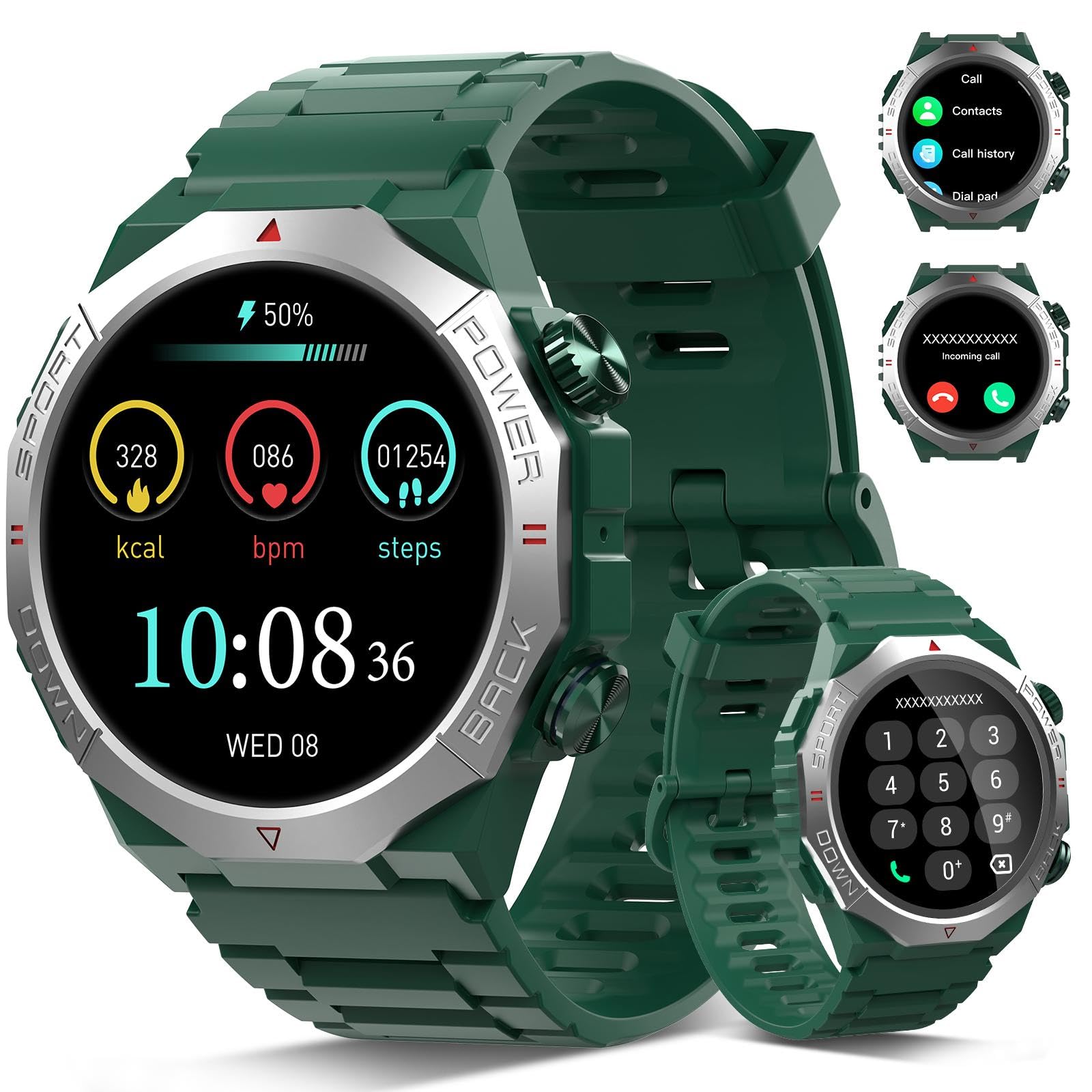Smartwatch Uomo Militare, 1.39" HD Orologio Smart watch con Chiamate Bluetooth, Tracker Attività con Sonno/Cardiofrequenzimetro, 110+ Modalità Sportive, IP68 Impermeabile per Android iOS, Verde