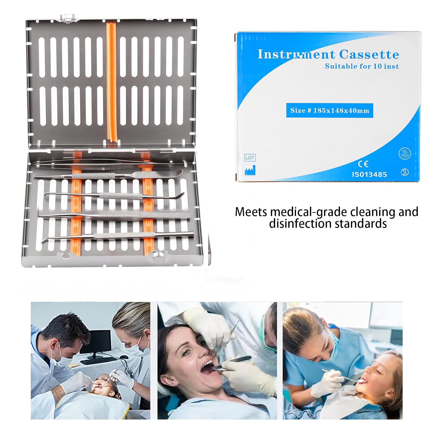 Stainless Autoclave Sterilization Cassette Box Tray for 10 Dental Instruments Button Type with Removable Silicone Orange