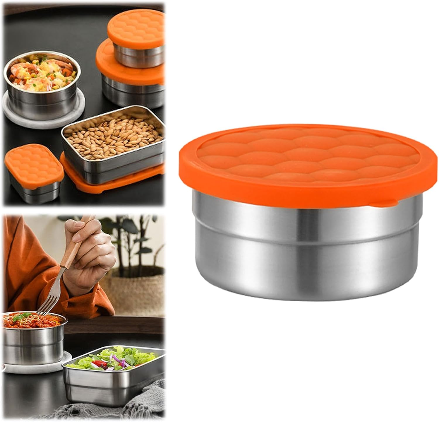 Round Stainless Steel Food Containers,Metal Container with Silicone Lid,Stainless Steel Snack Food Storage Box for Fruits Vegetables Storage,Orange (Extra large)