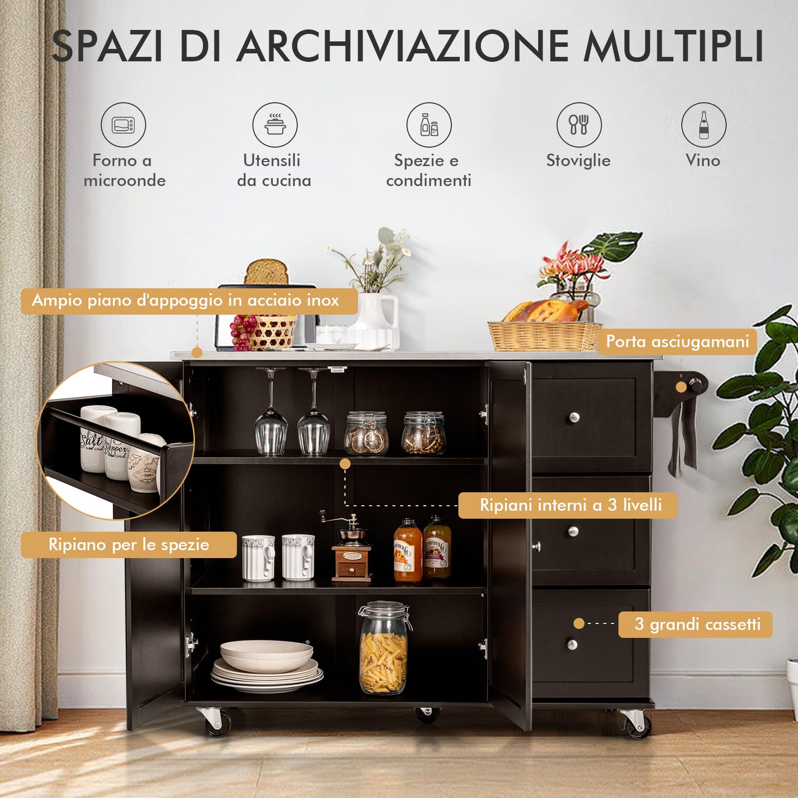 Isola Cucina Esterna In HIPS Con Top In Acciaio Inox 201 – Carrello Mobile Con Ruote, Ripiani E Ganci – Per BBQ, Pizza E Preparazione Cibo