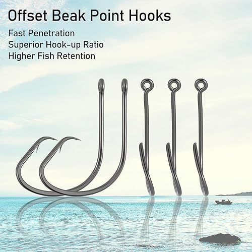 Miniatura 6 de Dr.Fish Paquete de 100 ganchos circulares de níquel negro compensados de gran brecha para surf, pesca y agua salada, ganchos de acero de alto