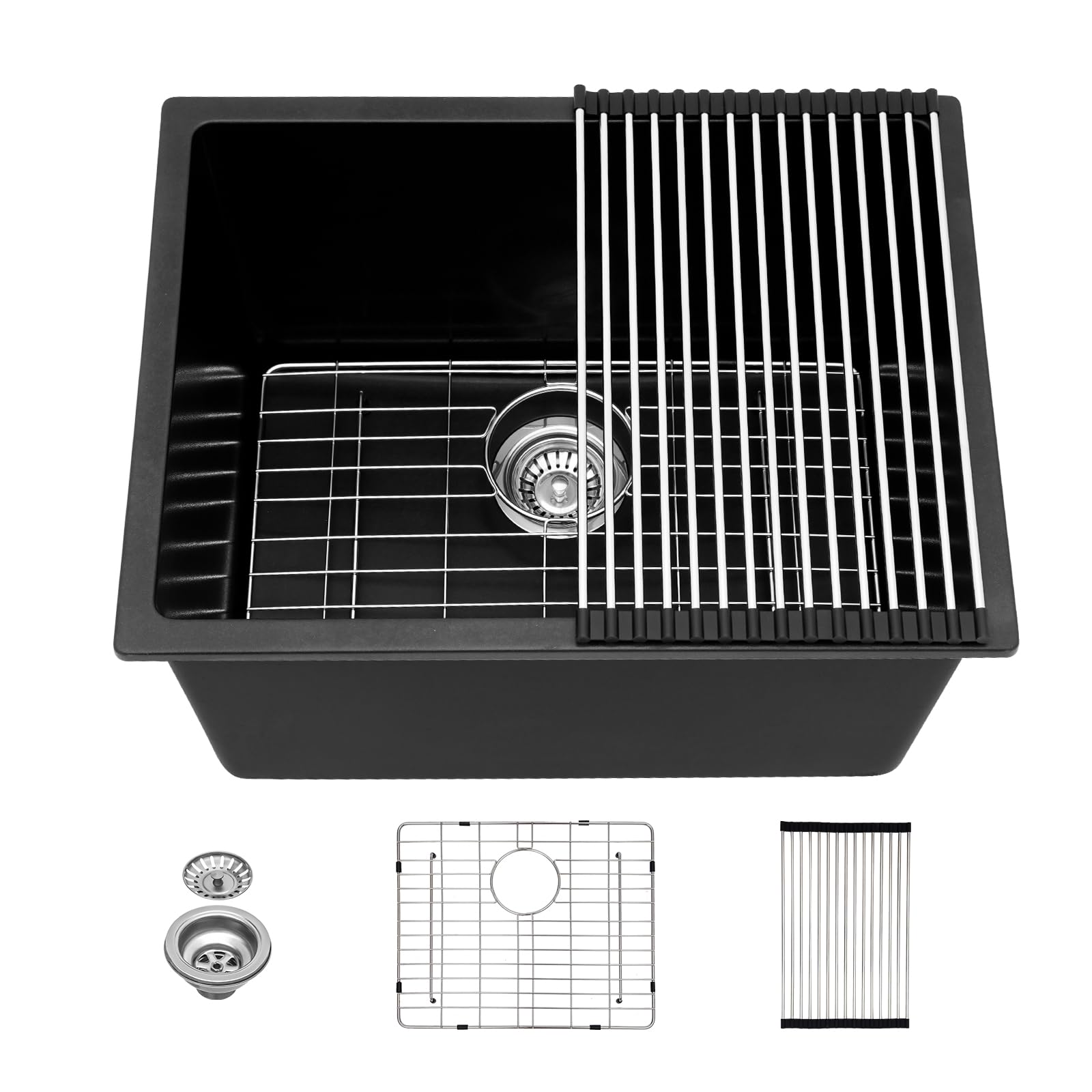 Fregadero de granito compuesto negro de 21 x 18 pulgadas con accesorios para cuarto de lavado Kichae