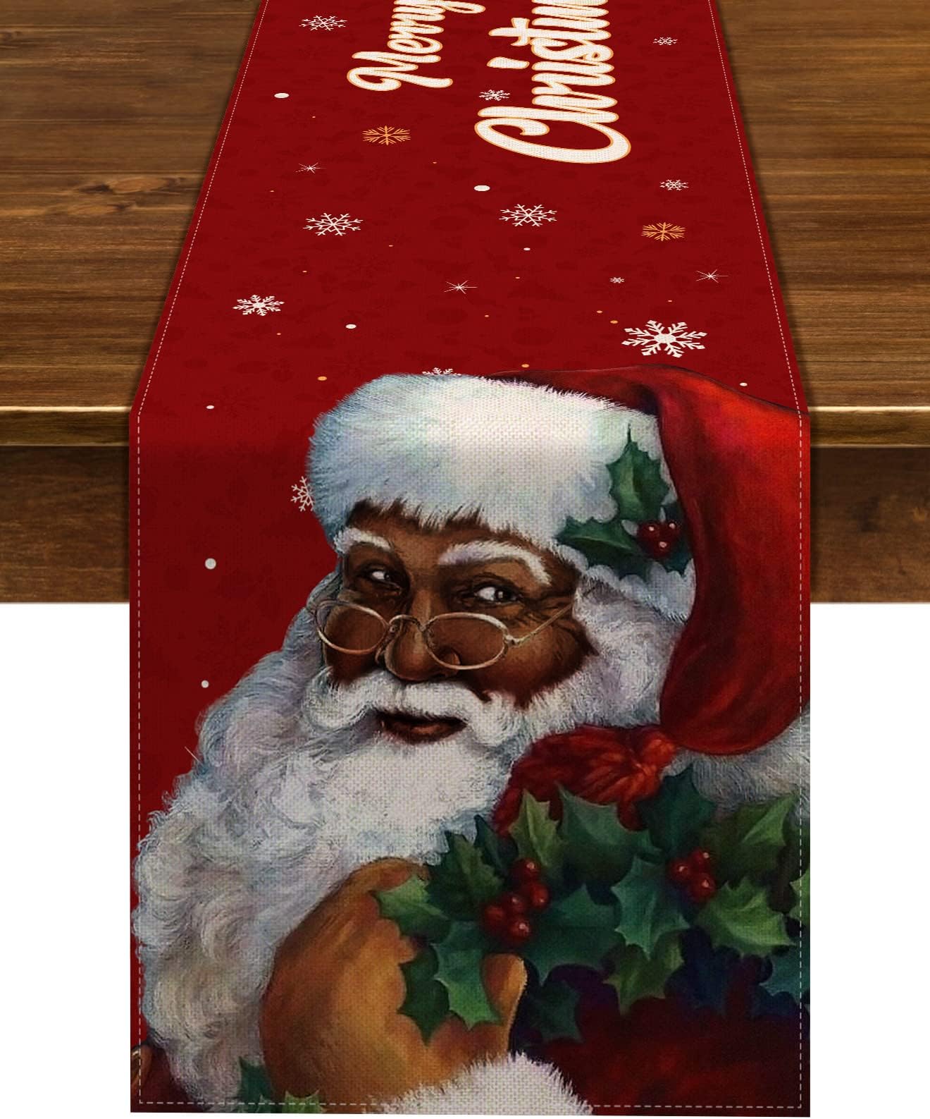 Nepnuser African American Merry Christmas Table Runner Black Santa Claus Snowflakes Home Table Decoration Xmas Winter Holiday Kitchen Decor (13" x 72")