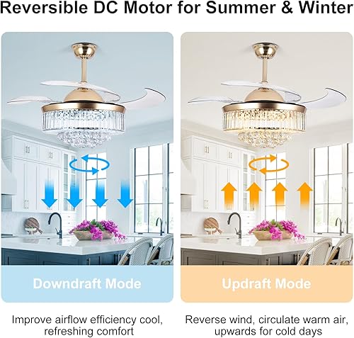 Miniatura 4 de Ventiladores de techo de 42 pulgadas con luz, ventilador de araña de cristal retráctil dorado, reversible, control remoto, kits de luces de techo
