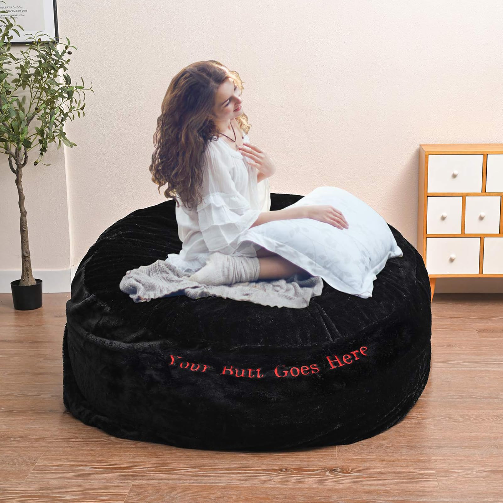 HDMLDP Bean Bag Chair for Adults Kids Without Filling with Creative Embroidered Pattern Comfy Fluffy Giant Round Beanbag Lazy Sofa Cover for Reading Chair Floor Chair, 6FT, Black