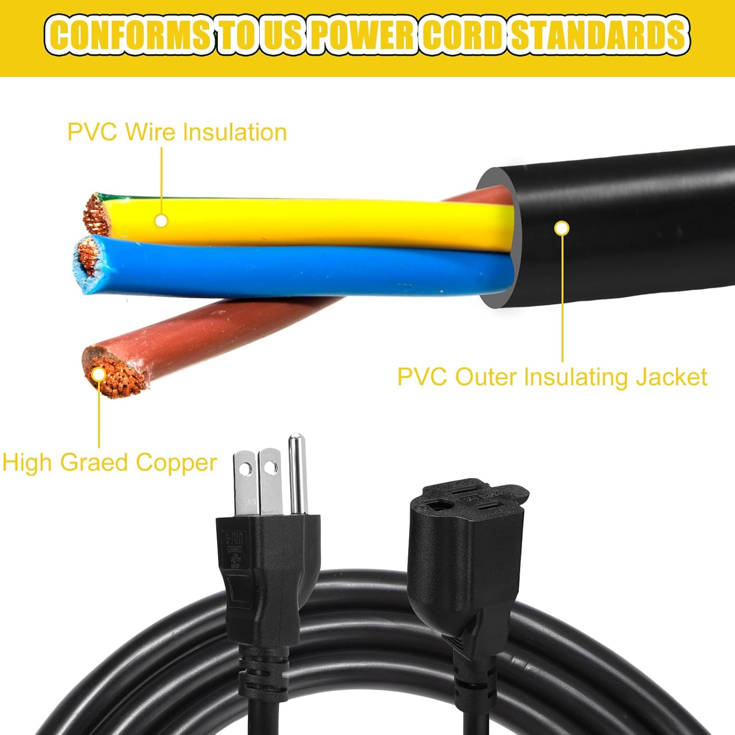 Kanayu 10 Pcs 3 Feet Extension Cord, 16 AWG SJW Heavy Duty Power Cable 13 Amps 125V Extension Cable with 3 Prong for Indoor Outdoor Electrical Kitchen Appliances, UL Listed(Black)