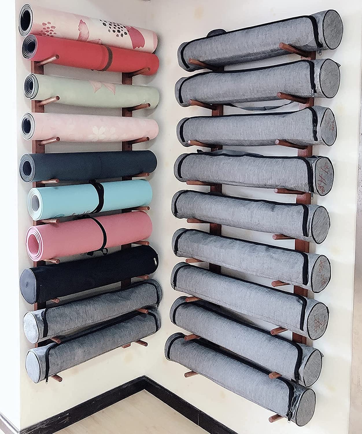 Estante de almacenamiento de madera para esterilla de yoga, soporte organizador de rodillos de espuma de gran capacidad, soporte organizador de rodillos de espuma de 9 niveles, almacenamiento