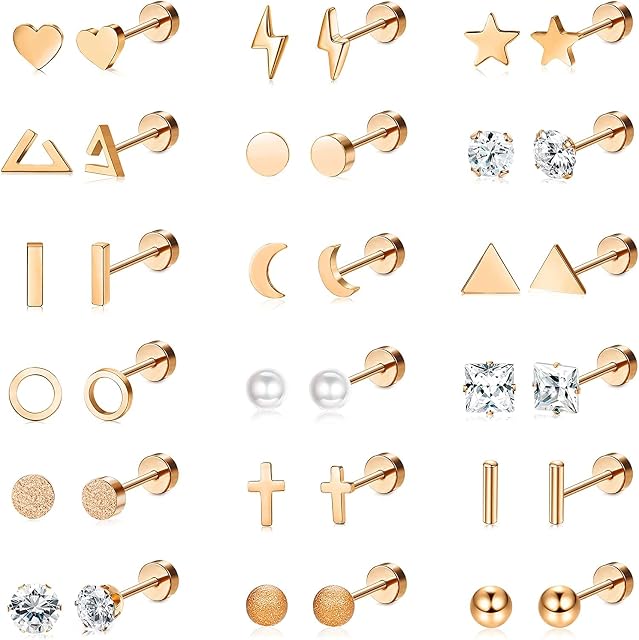 LOLIAS 18 Pairs Surgical Stainless Steel Stud Earrings For Women Men 20G Cartilage Earrings Studs Cross Moon Star Small Stud Earrings Gold Screw Flat Back Earrings Ear Piercing Studs Set