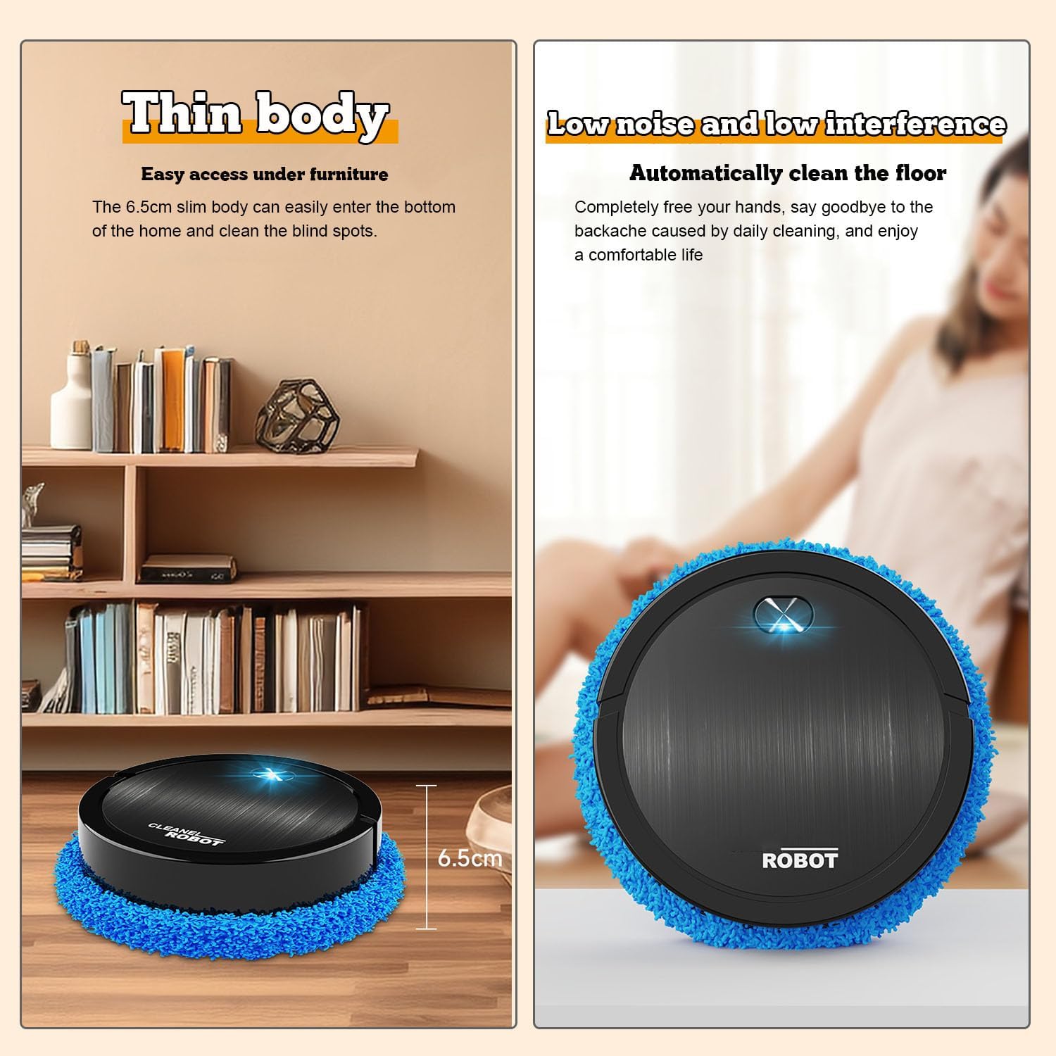 Robot Mop, Quiet Smart Mopping Robot Cleaner Wet Mop for Hard Floor & Tile Cleaning with Wet&Dry Pads, Robot Vacuum Cleaner and Mop, Robotic Vacuums Household Cleaning Supplies USB Rechargeable,Black