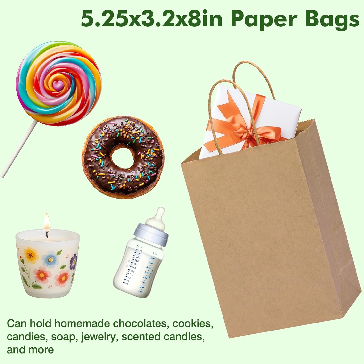 OUTUXED 240pcs Small Paper Bags with Handles, 5.25x3.2x8 Inches Brown Kraft Gift Bags Bulk for Christmas, Shopping, Birthday, Wedding and Business Party