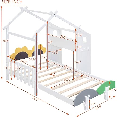 Miniatura 190 de Cama de casa de tamaño individual con 2 cajones, marco de cama de madera y barandilla de seguridad. Ahorra espacio, ideal para el dormitorio de un