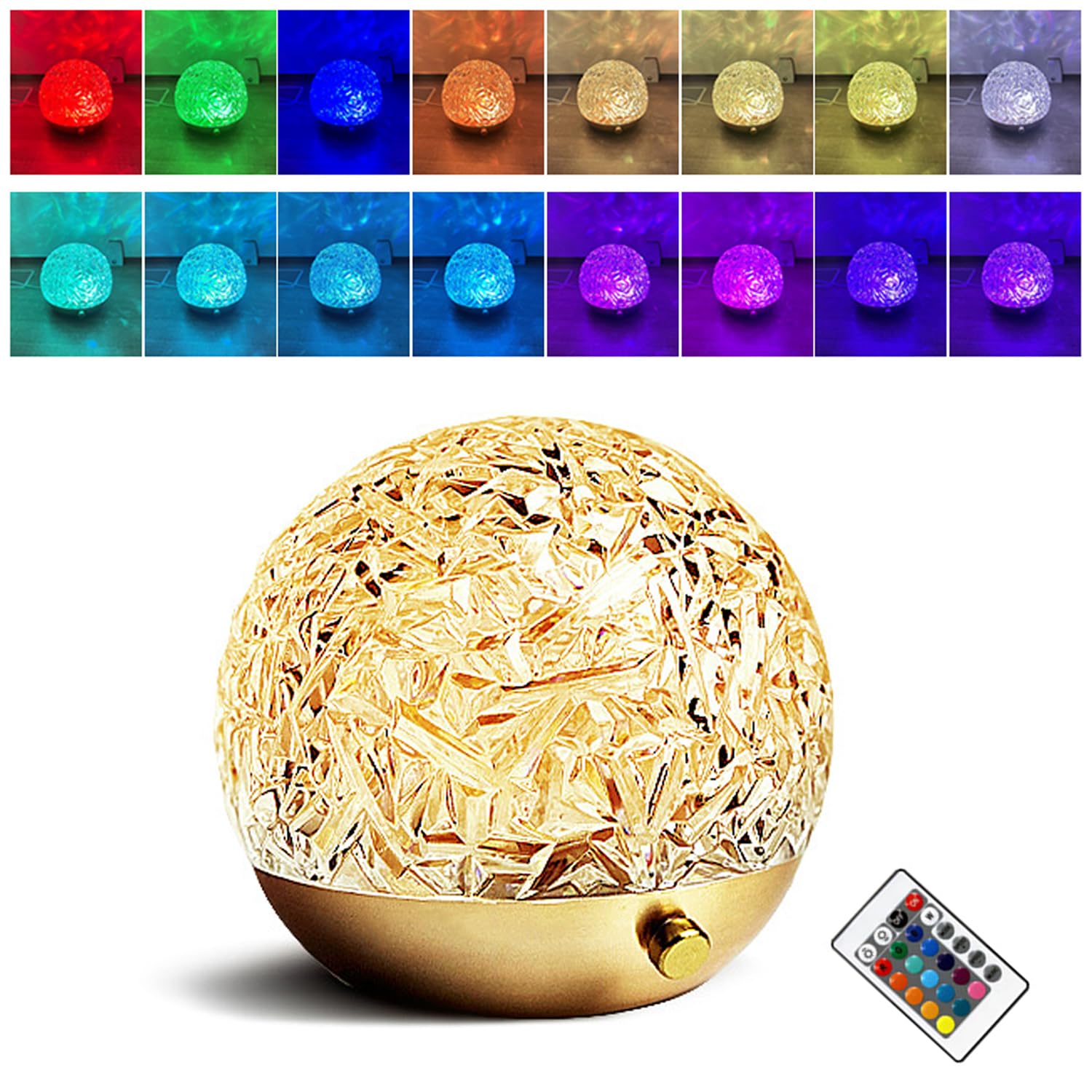GALER Water Ripple Crystal Lamp, 16 Color LED Water Wave Table Lamp, Remote Control Night Light, Wall Ceiling Projection Romantic Atmosphere Lamp for Bedroom Decor Birthdays Gifts, 11.5*12cm