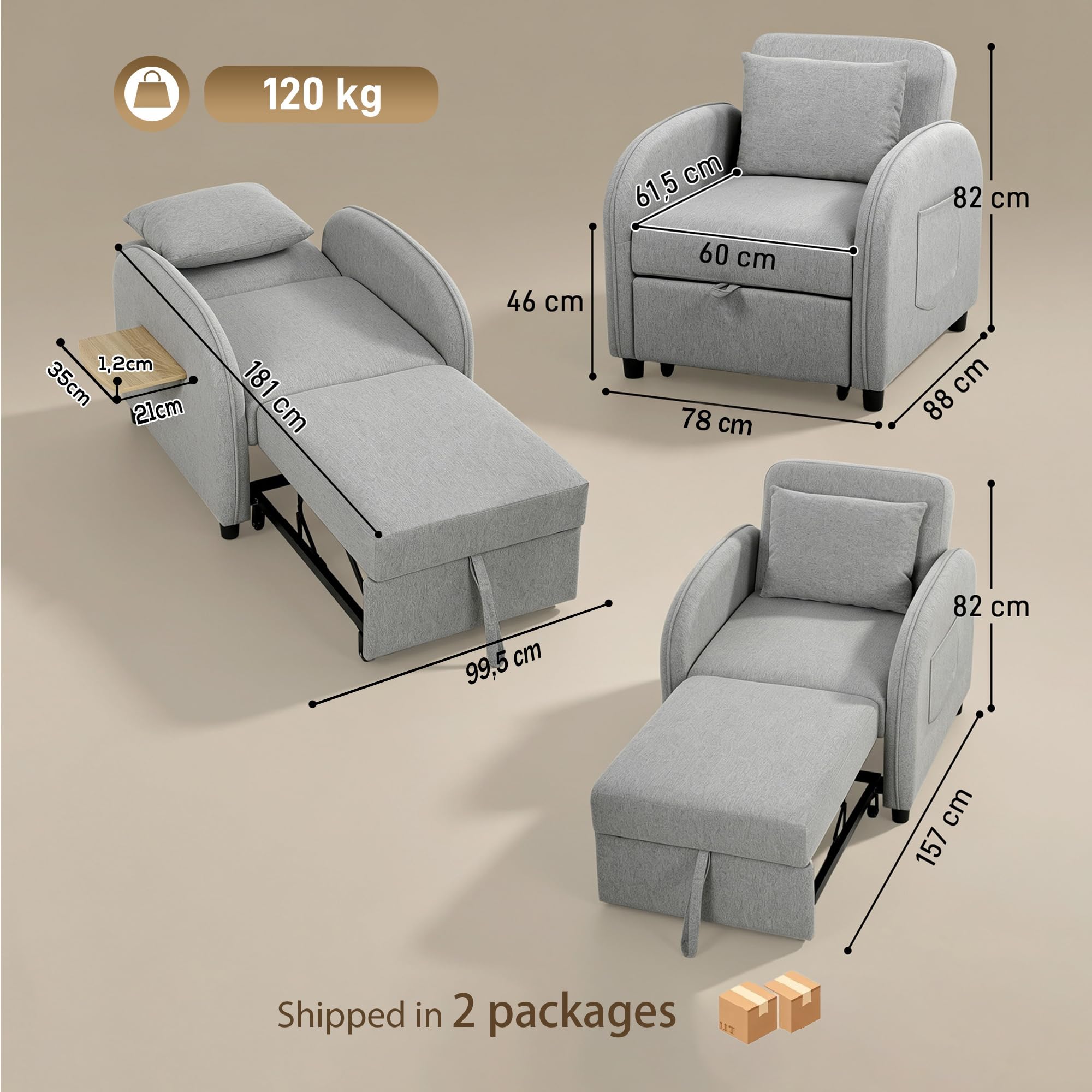 HOMCOM Fauteuil Convertible 1 Place Fauteuil-Lit Clic-Clac 3 en 1 Gris