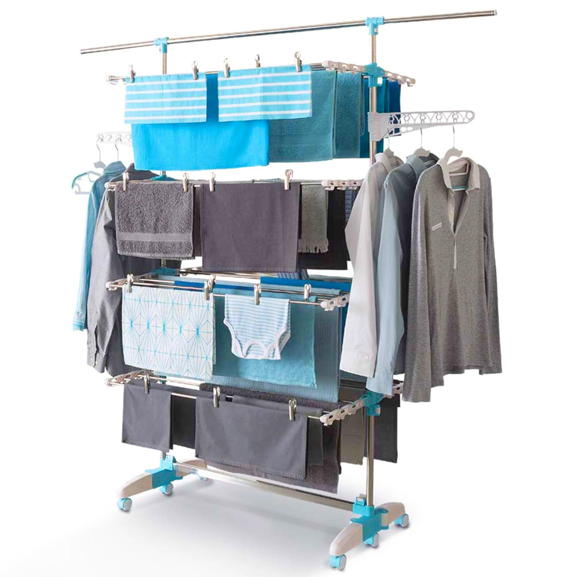 FACILITYS - Étendoir Linge Intérieur - Séchoir à Linge Pliable, 172 x 67 x 168 cm, Étendage 30 m - Pieds Rabattables à 6 roulettes - Étendoir à Linge en Acier Inoxydable - Format Familial