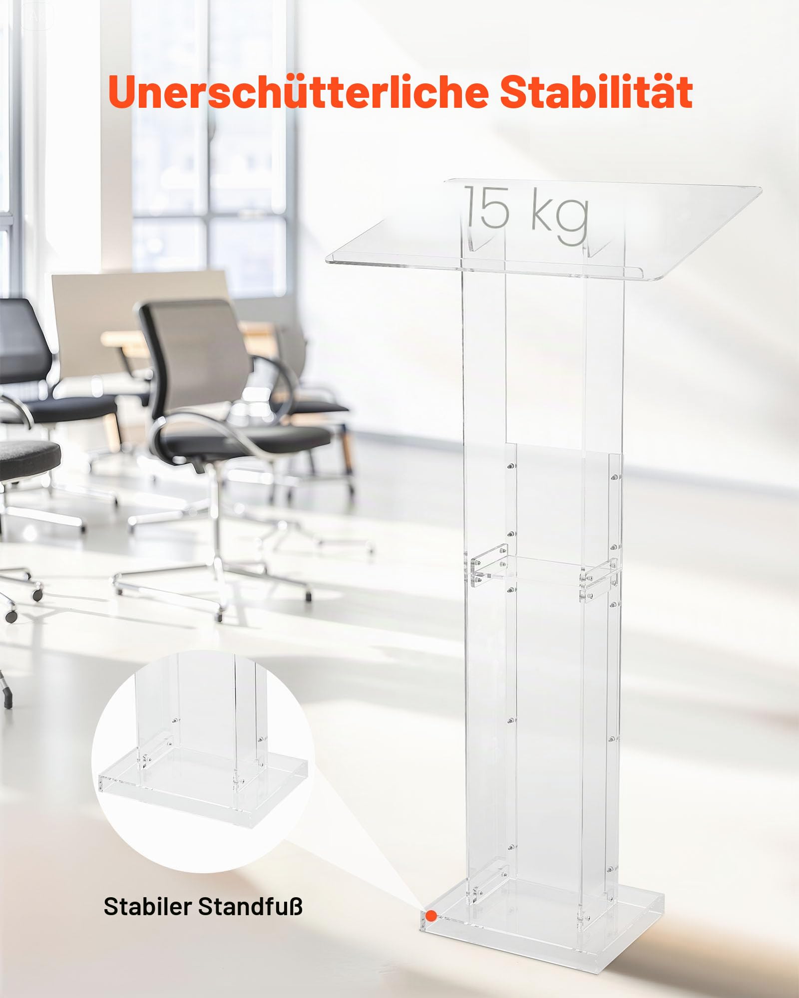 VEVOR Podiumständer Rednerpult (1265 mm) aus Acryl, tragbarer Laptop-Schreibtisch mit breiter Lesefläche & Ablagefläche & Buchstopper, bodenstehend, für Klassenzimmer Hochzeiten Konferenzen