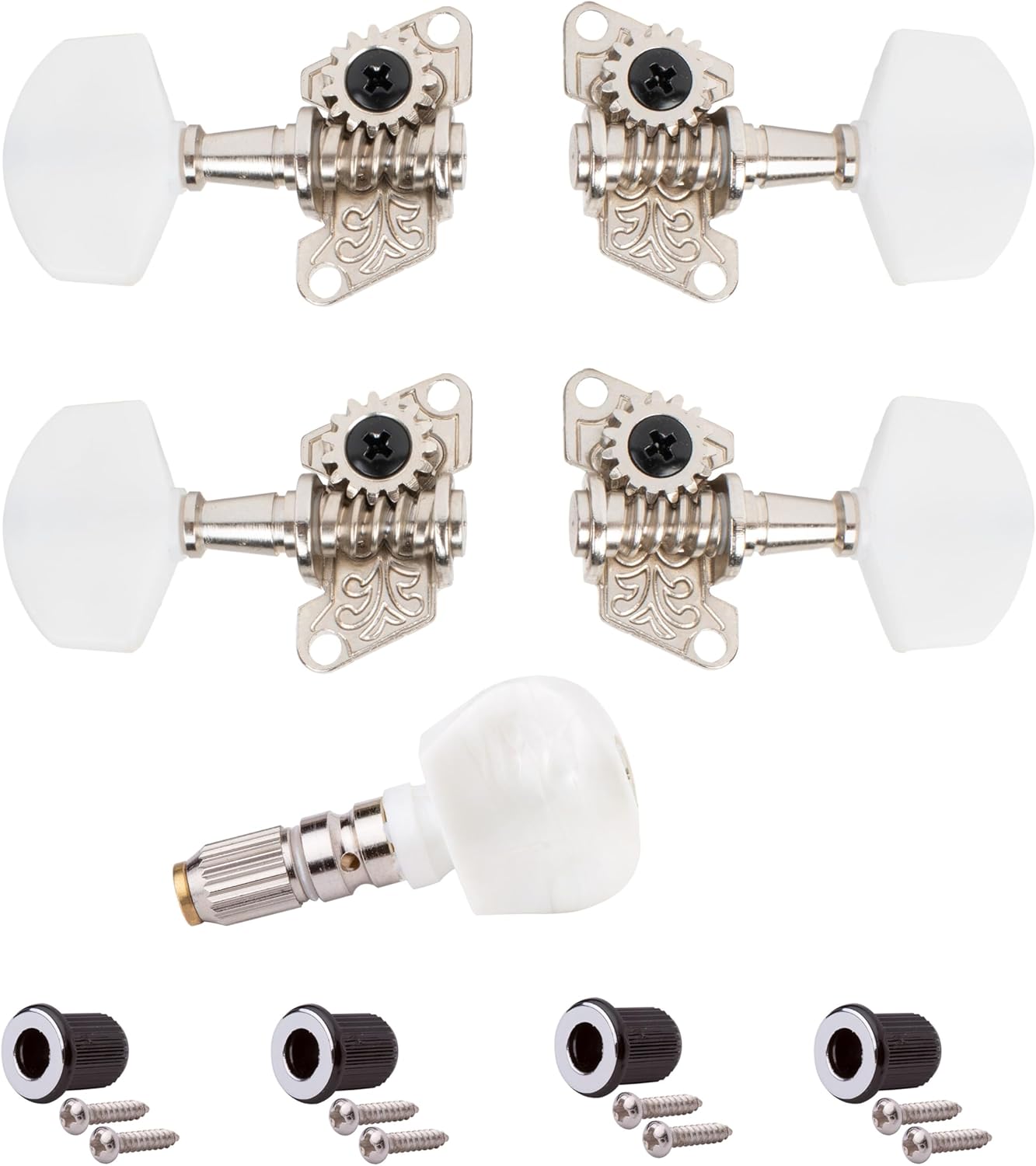 StewMac Economy Banjo Tuners, Nickel Set of 5 with Open-Gear 14:1 Ratio Includes Bushings and Screws for 3/8-inch Peghead Holes Lightweight and Durable Design