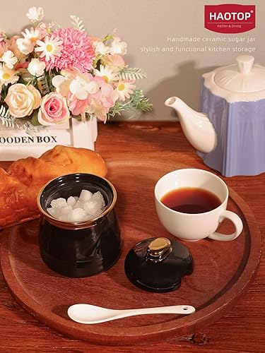 Miniatura 4 de HAOTOP Azucarero de 12 onzas con tapa y cuchara, recipiente de cerámica simple para azúcar, dispensador de azúcar, accesorios de barra de café,