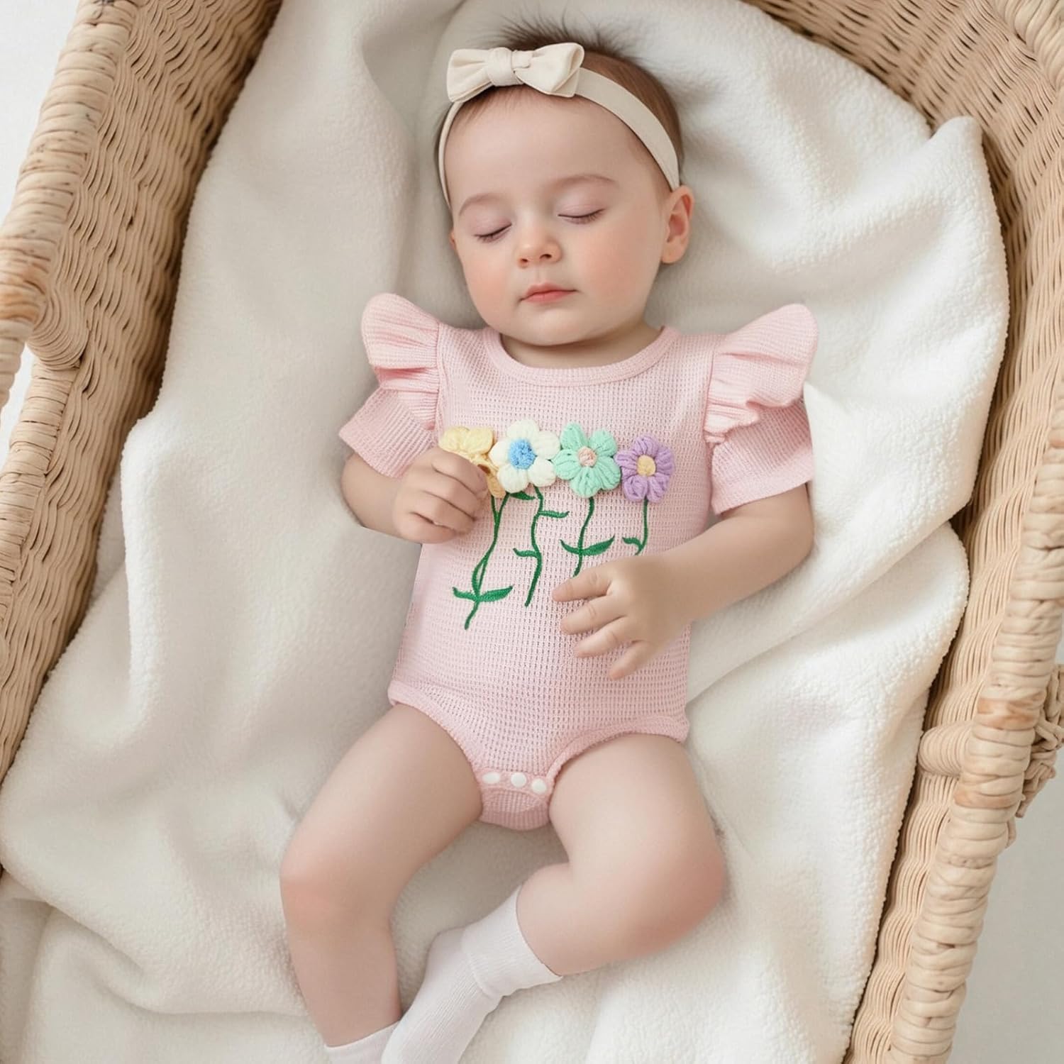 Newborn 3 6 12 18 Months Baby Girl Romper Summer Clothes Waffes Outfit 3D Flower Onesie Bodysuit Infant Girl Clothes - Image 2