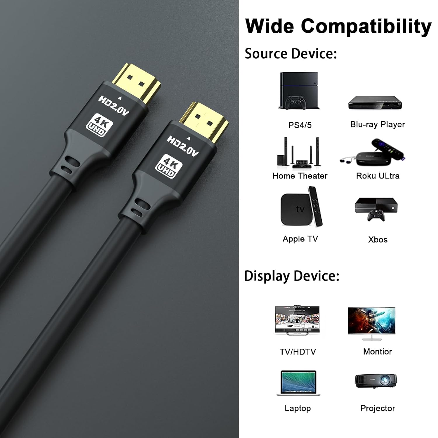 HDMI Cable 50ft, 4K@60Hz, 18Gbps High Speed HDMI 2.0 Cord, Ultra HD,Ethernet Audio Return,Video 4K,1080p,3D,Arc, HDR Compatible with Xbox,PS5/PS4,HDTV,Laptop ect(Black) - Image 6