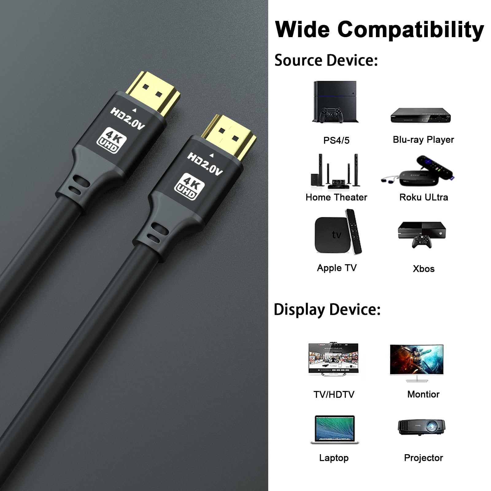 charlore Câble HDMI 12m (HDMI 2.0, 18 Gbit/s 4K@60Hz) Connecteurs plaqués or ultra haut débit, compatible avec Blu-Ray, Playstation, Ordinateur Portable, PS34/5, PC, HDTV